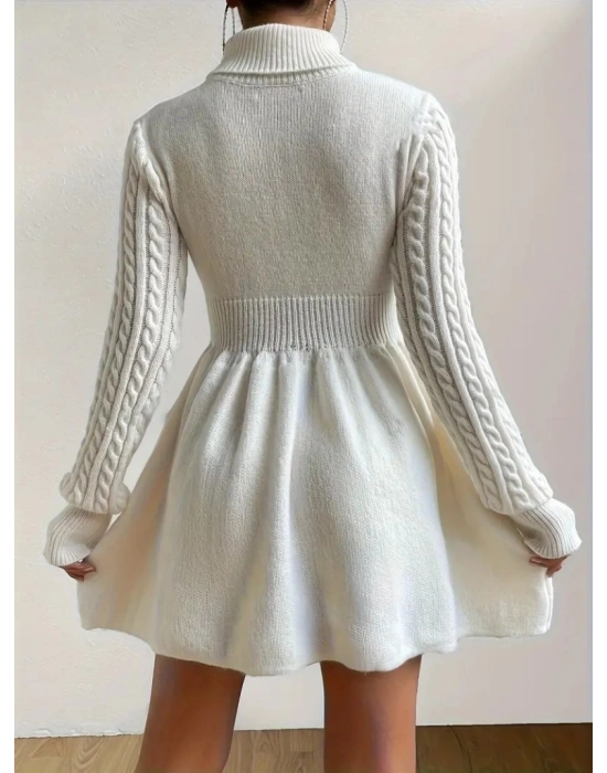 Kadın Uzun Kollu Balıkçı Yaka Belden Yaka Belden Büzgülü Kısa Triko Elbise