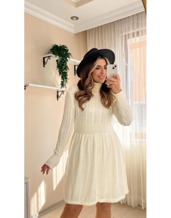 Kadın Uzun Kollu Balıkçı Yaka Belden Yaka Belden Büzgülü Kısa Triko Elbise