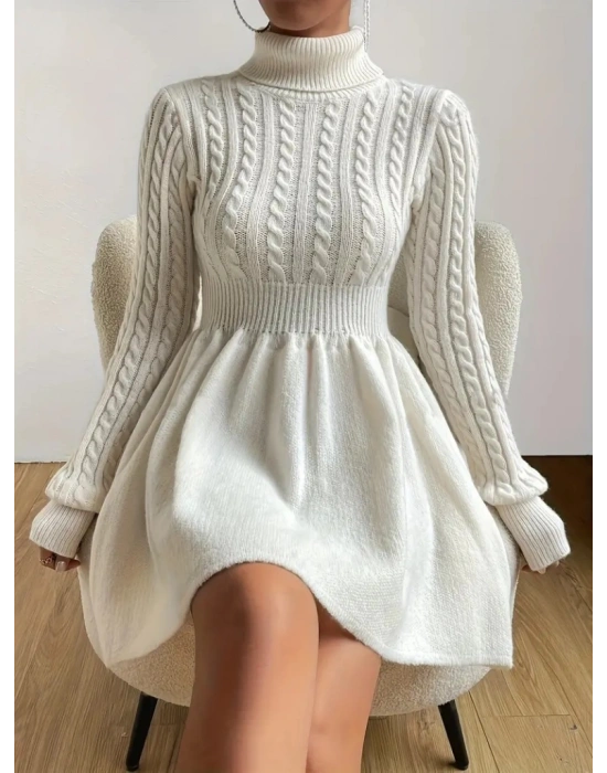 Kadın Uzun Kollu Balıkçı Yaka Belden Yaka Belden Büzgülü Kısa Triko Elbise