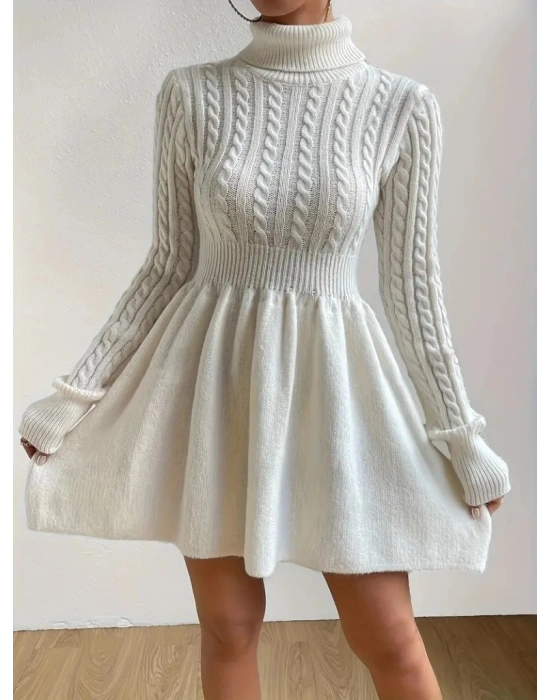 Kadın Uzun Kollu Balıkçı Yaka Belden Yaka Belden Büzgülü Kısa Triko Elbise