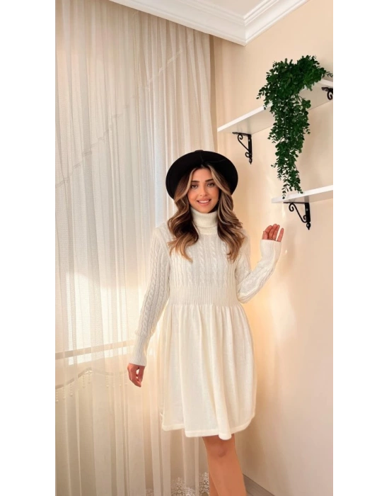 Kadın Uzun Kollu Balıkçı Yaka Belden Yaka Belden Büzgülü Kısa Triko Elbise