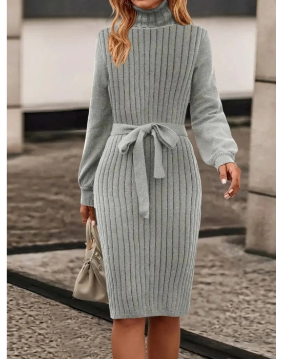 Kadın Uzun Kollu Balıkçı Yaka Beli Kuşaklı Mini Triko Elbise