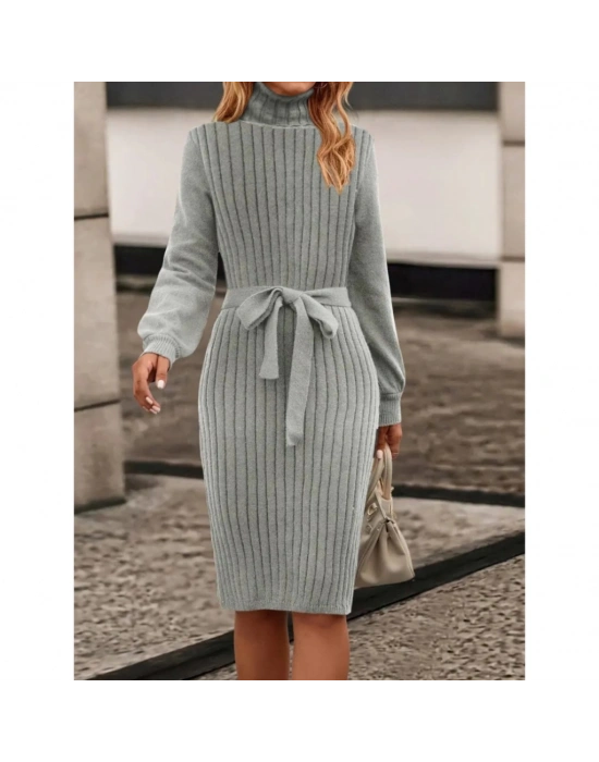 Kadın Uzun Kollu Balıkçı Yaka Beli Kuşaklı Mini Triko Elbise