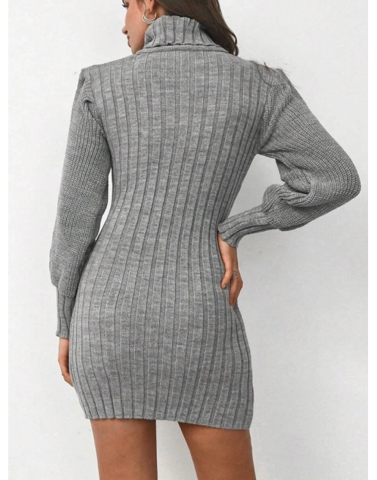 Kadın Uzun Kollu Balıkçı Yaka Beli Kuşaklı Mini Triko Elbise