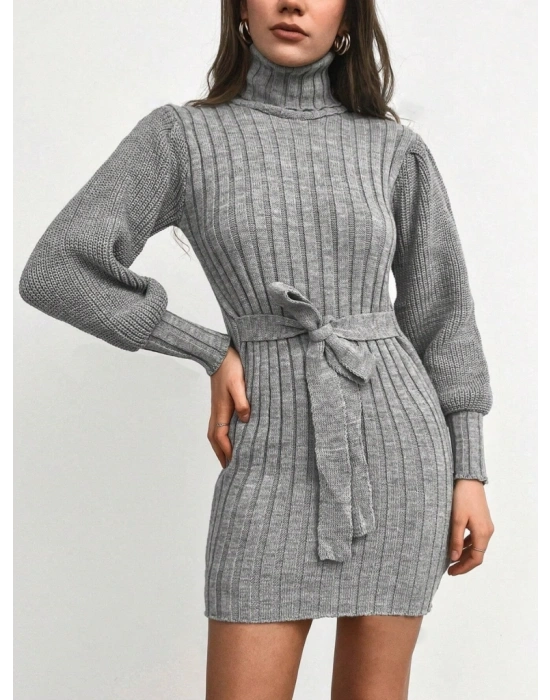 Kadın Uzun Kollu Balıkçı Yaka Beli Kuşaklı Mini Triko Elbise
