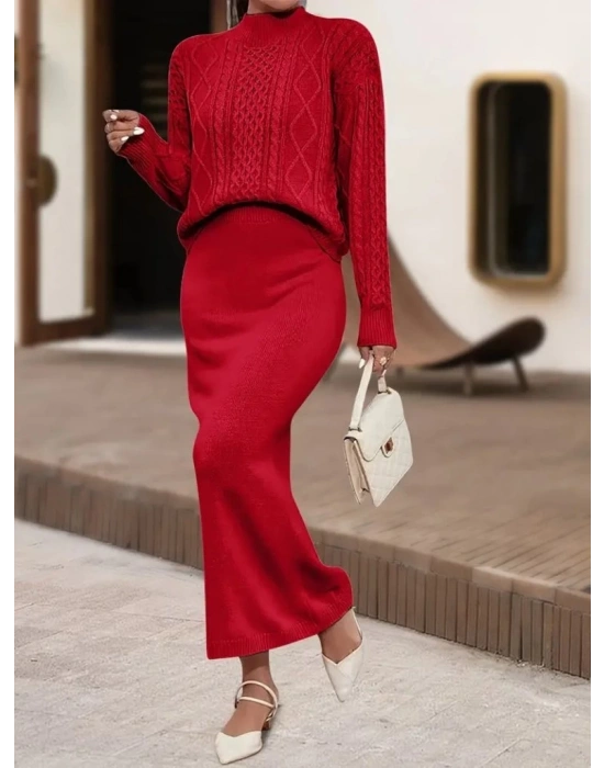 Kadın Uzun Kollu Balıkçı Yaka Bluz Ve Etek Ikili Triko Takım