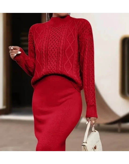 Kadın Uzun Kollu Balıkçı Yaka Bluz Ve Etek Ikili Triko Takım