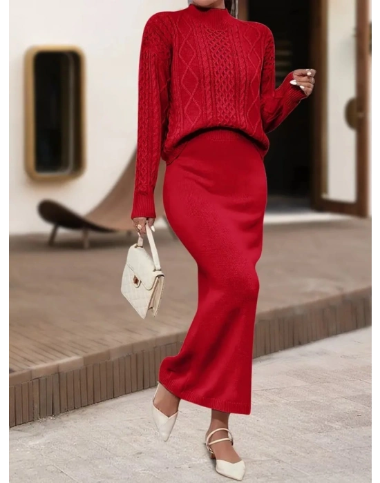 Kadın Uzun Kollu Balıkçı Yaka Bluz Ve Etek Ikili Triko Takım