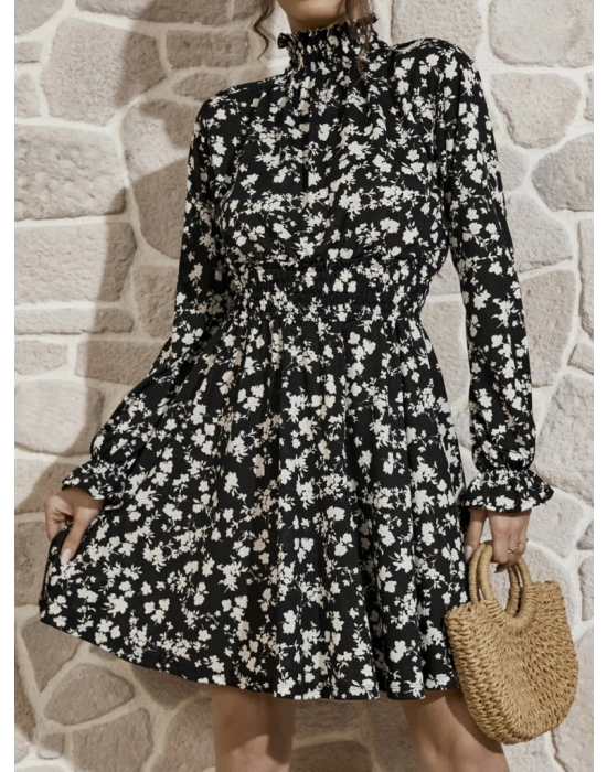 Kadın Uzun Kollu Balıkçı Yaka çiçek Baskılı Helen Kumaş Elbise