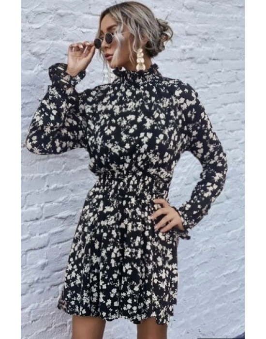 Kadın Uzun Kollu Balıkçı Yaka çiçek Baskılı Helen Kumaş Elbise