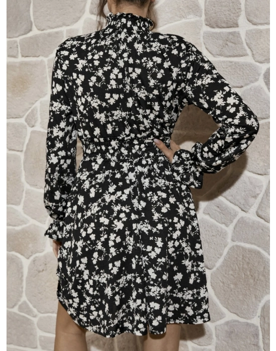 Kadın Uzun Kollu Balıkçı Yaka çiçek Baskılı Helen Kumaş Elbise