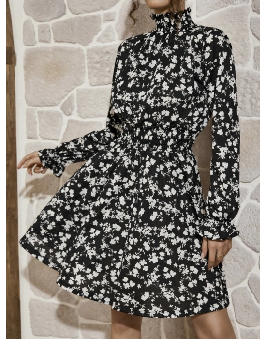 Kadın Uzun Kollu Balıkçı Yaka çiçek Baskılı Helen Kumaş Elbise