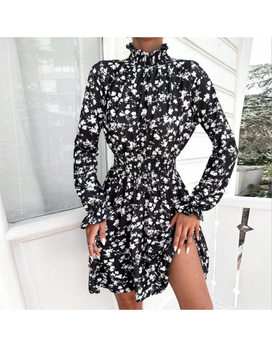 Kadın Uzun Kollu Balıkçı Yaka çiçek Baskılı Helen Kumaş Elbise