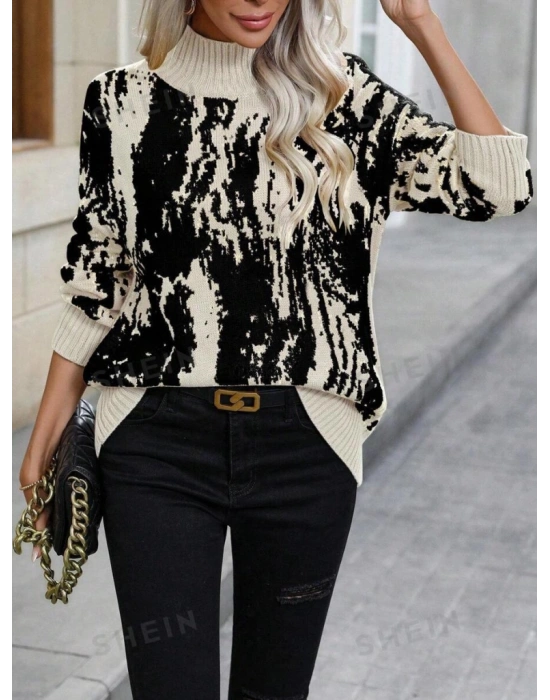 Kadın Uzun Kollu Balıkçı Yaka çok Renkli Triko Bluz