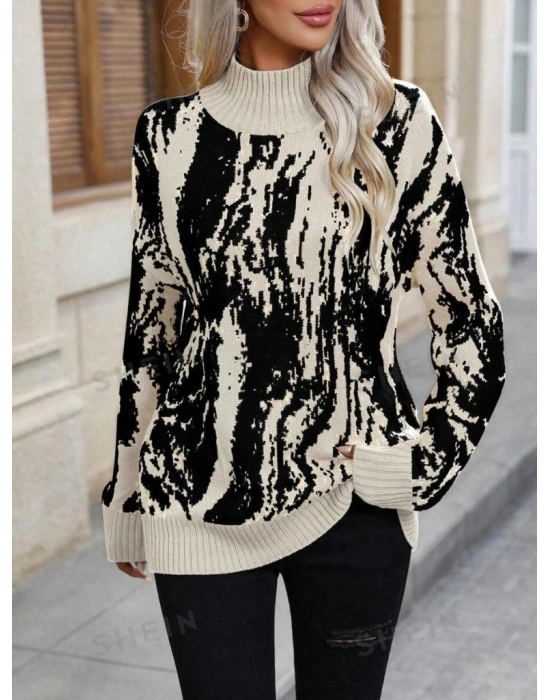 Kadın Uzun Kollu Balıkçı Yaka çok Renkli Triko Bluz