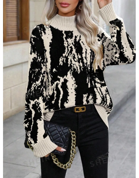 Kadın Uzun Kollu Balıkçı Yaka çok Renkli Triko Bluz