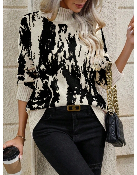 Kadın Uzun Kollu Balıkçı Yaka çok Renkli Triko Bluz