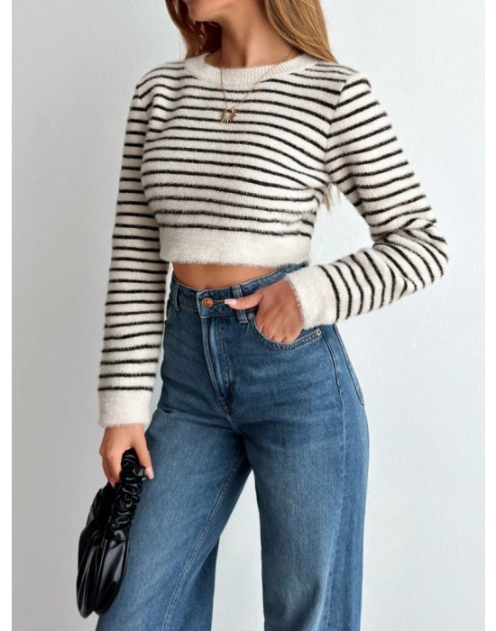 Kadın Uzun Kollu Balıkçı Yaka Crop Triko Bluz