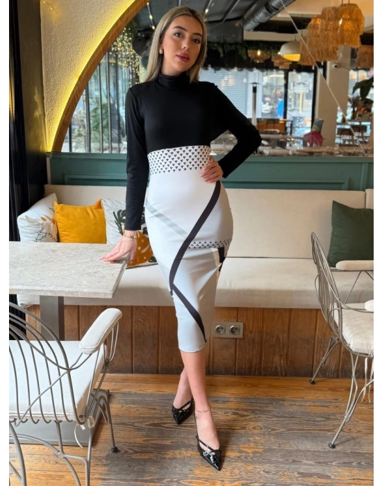 Kadın Uzun Kollu Balıkçı Yaka Dalgıç Midi Boy Elbise