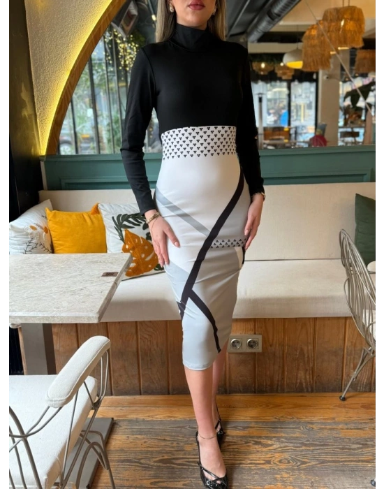 Kadın Uzun Kollu Balıkçı Yaka Dalgıç Midi Boy Elbise