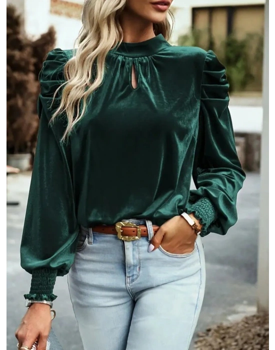 Kadın Uzun Kollu Balıkçı Yaka Damla Detaylı Kadife Bluz