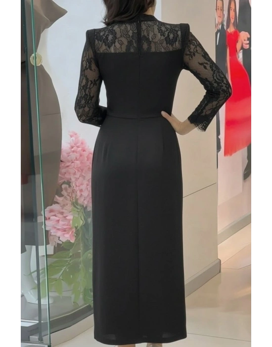 Kadın Uzun Kollu Balıkçı Yaka Dantel Detaylı Midi Ithal Krep Elbise