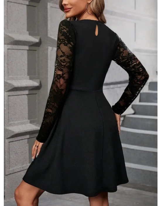 Kadın Uzun Kollu Balıkçı Yaka Dantelli Ithal Krep Kısa Kiloş Elbise