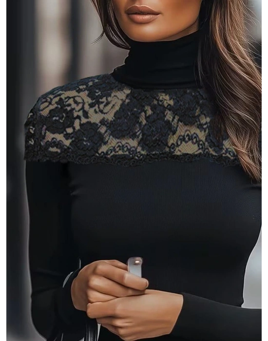 Kadın Uzun Kollu Balıkçı Yaka Dantelli Kaşkorse Bluz