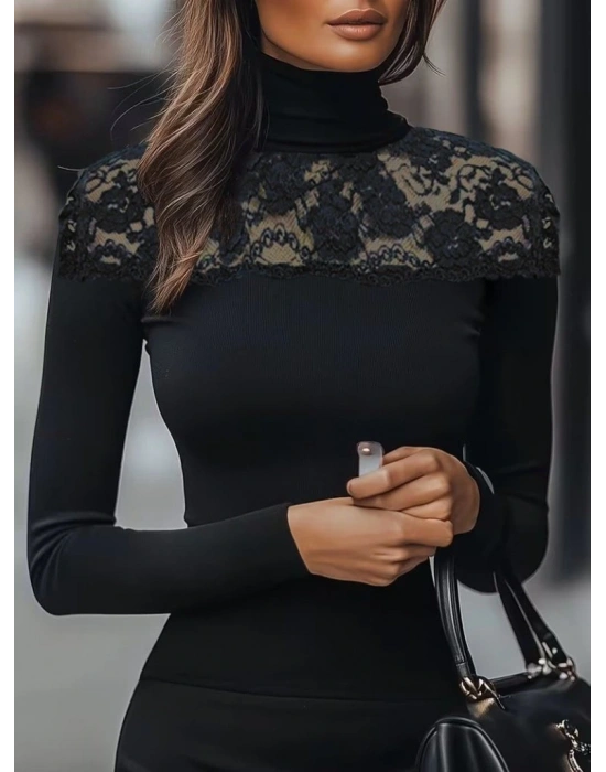 Kadın Uzun Kollu Balıkçı Yaka Dantelli Kaşkorse Bluz