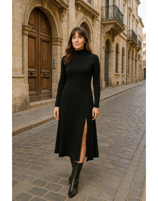 Kadın Uzun Kollu Balıkçı Yaka Derin Yırtmaç Detay Krep Elbise 120 Cm