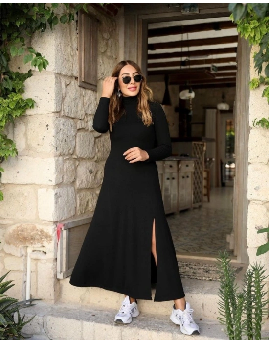 Kadın Uzun Kollu Balıkçı Yaka Derin Yırtmaç Detay Krep Elbise 120 Cm