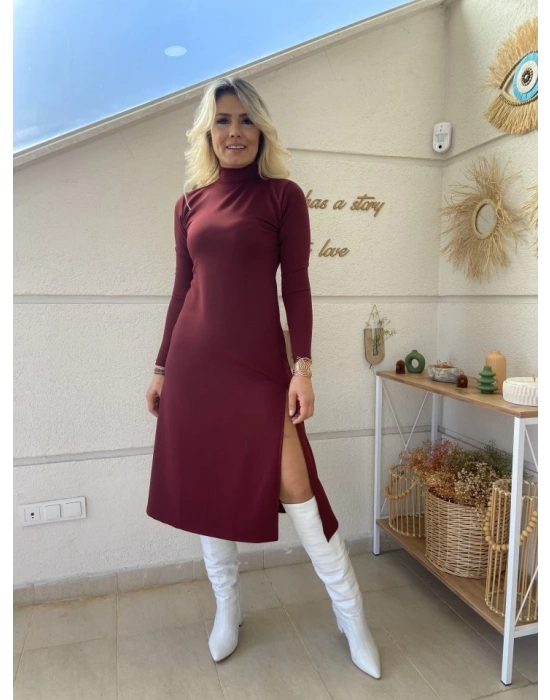 Kadın Uzun Kollu Balıkçı Yaka Derin Yırtmaç Detay Krep Elbise