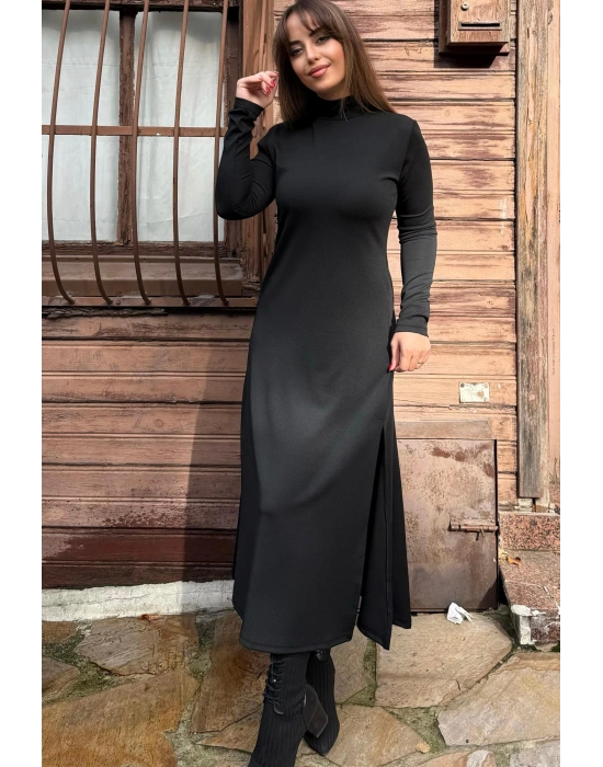 Kadın Uzun Kollu Balıkçı Yaka Derin Yırtmaç Detay Krep Elbise