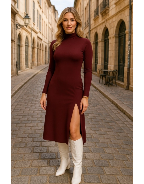 Kadın Uzun Kollu Balıkçı Yaka Derin Yırtmaç Detay Krep Elbise