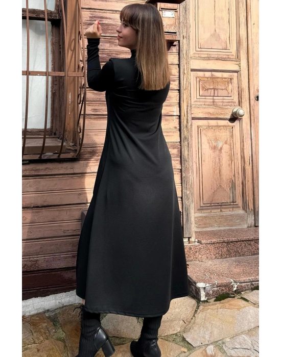 Kadın Uzun Kollu Balıkçı Yaka Derin Yırtmaç Detay Krep Elbise