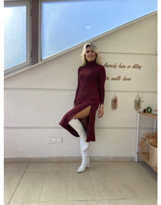 Kadın Uzun Kollu Balıkçı Yaka Derin Yırtmaç Detay Krep Elbise