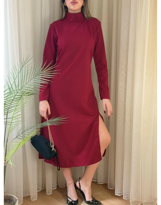 Kadın Uzun Kollu Balıkçı Yaka Derin Yırtmaç Detay Krep Elbise