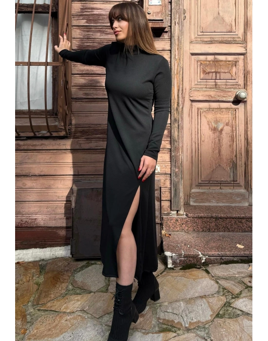 Kadın Uzun Kollu Balıkçı Yaka Derin Yırtmaç Detay Krep Elbise