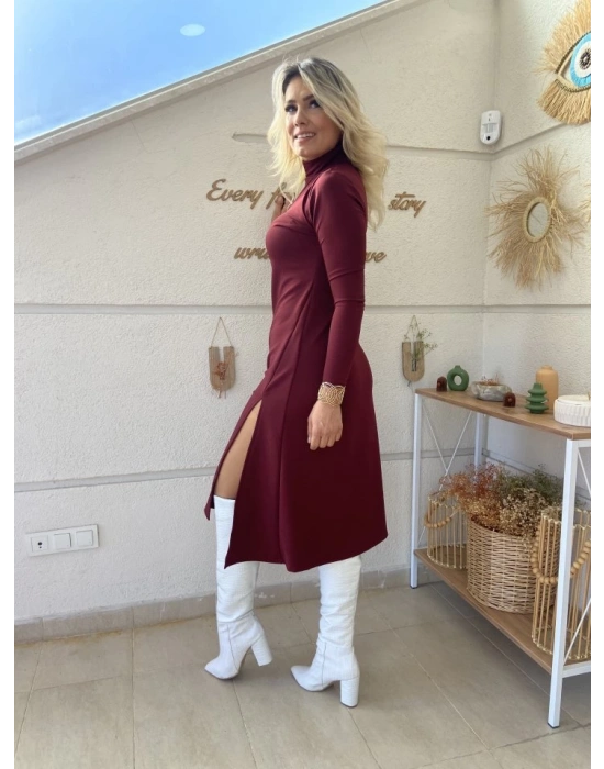 Kadın Uzun Kollu Balıkçı Yaka Derin Yırtmaç Detay Krep Elbise