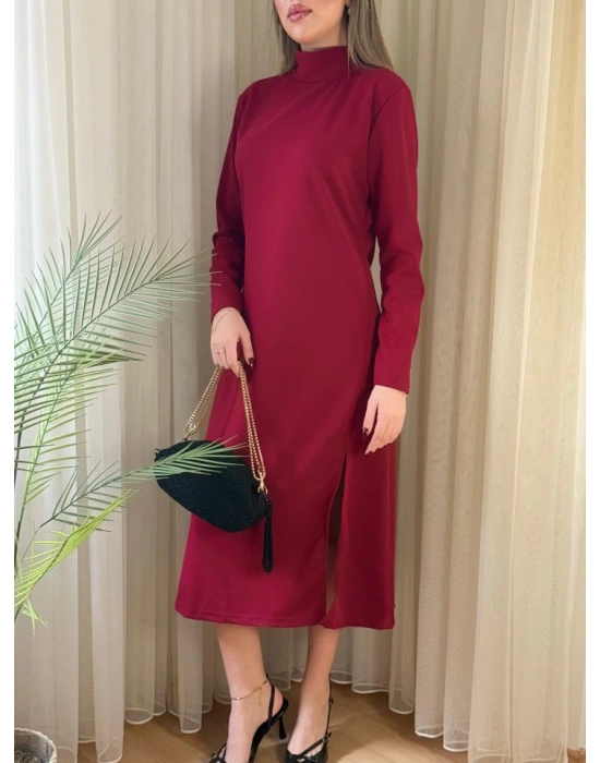 Kadın Uzun Kollu Balıkçı Yaka Derin Yırtmaç Detay Krep Elbise