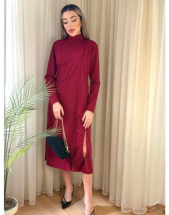 Kadın Uzun Kollu Balıkçı Yaka Derin Yırtmaç Detay Krep Elbise