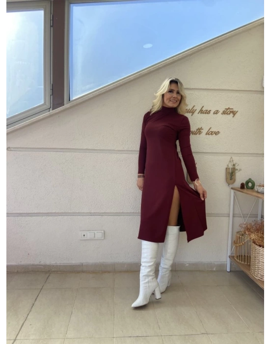 Kadın Uzun Kollu Balıkçı Yaka Derin Yırtmaç Detay Krep Elbise