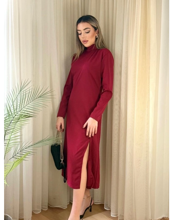 Kadın Uzun Kollu Balıkçı Yaka Derin Yırtmaç Detay Krep Elbise