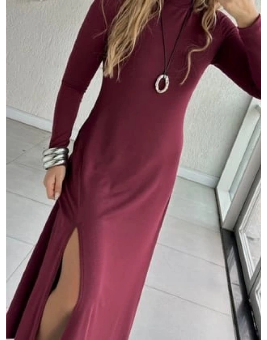 Kadın Uzun Kollu Balıkçı Yaka Derin Yırtmaç Detay Krep Elbise