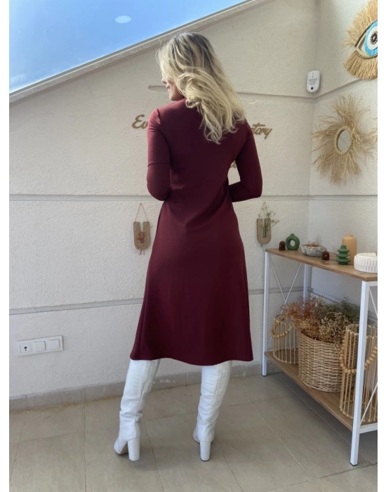 Kadın Uzun Kollu Balıkçı Yaka Derin Yırtmaç Detay Krep Elbise