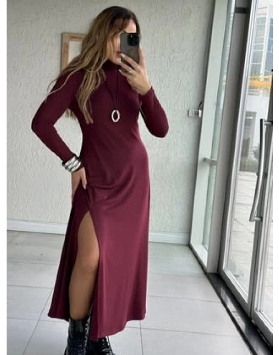 Kadın Uzun Kollu Balıkçı Yaka Derin Yırtmaç Detay Krep Elbise