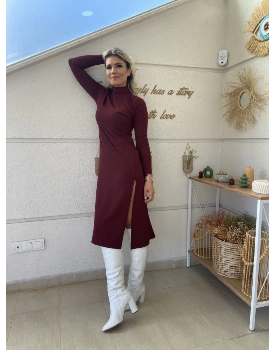 Kadın Uzun Kollu Balıkçı Yaka Derin Yırtmaç Detay Krep Elbise