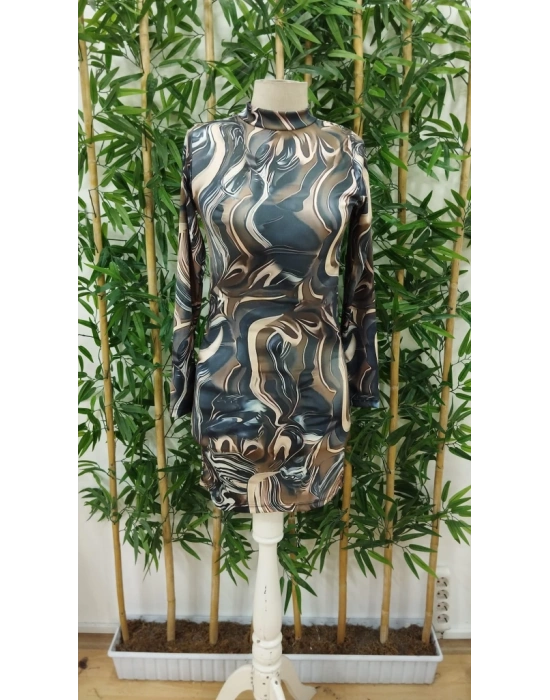 Kadın Uzun Kollu Balıkçı Yaka Desenli Dalgıç Elbise