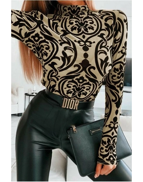 Kadın Uzun Kollu Balıkçı Yaka Desenli Sandy Bluz