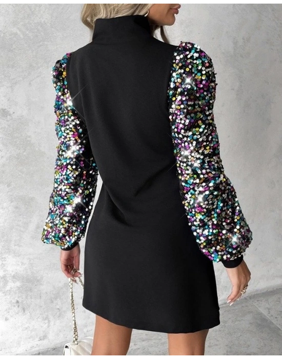 Kadın Uzun Kollu Balıkçı Yaka Düğme Detay Renkli Pul Payet Kol Scuba Krep Elbise